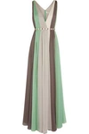 HALSTON HERITAGE WOMAN STRIPED CRINKLED-CHIFFON GOWN LIGHT GREEN,US 1071994539415814