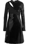 MUGLER WOMAN CUTOUT SEQUINED BONDED JERSEY MINI DRESS BLACK,US 1998551928990736
