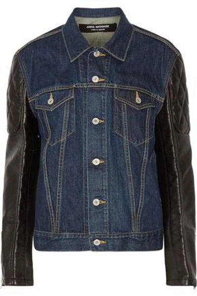 Junya Watanabe Printed Denim And Quilted Faux Leather Jacket In Blue