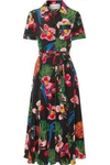 VALENTINO VALENTINO WOMAN BELTED FLORAL-PRINT SILK-CREPE MIDI DRESS BLACK,3074457345617514949