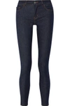 LOVE MOSCHINO WOMAN EMBROIDERED MID-RISE SKINNY JEANS DARK DENIM,US 2526016082730404
