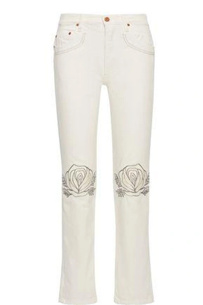 Bliss And Mischief Woman Song Of The West Embroidered Mid-rise Straight-leg Jeans Ivory