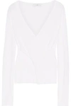 TOME WOMAN CUTOUT WRAP-EFFECT RIBBED WOOL TOP OFF-WHITE,US 110842751663816