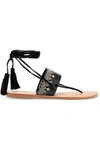 SOLUDOS WOMAN TASSELED EMBROIDERED LEATHER SANDALS BLACK,US 1071994539331222