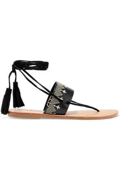 Soludos Woman Tasseled Embroidered Leather Sandals Black