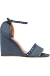 LANVIN WOMAN STUDDED LEATHER-TRIMMED DENIM WEDGE SANDALS MID DENIM,US 2526016082739513