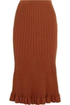 VICTORIA BECKHAM FLUTED RIBBED-KNIT STRETCH-COTTON MIDI SKIRT,3074457345617308965