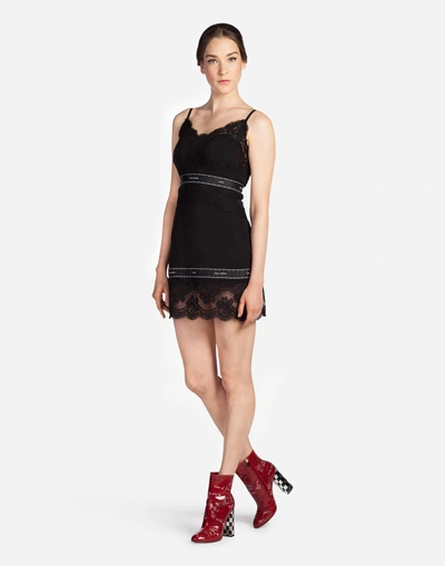 Dolce & Gabbana Guipure Lace Trim Georgette Slip Dress In Black