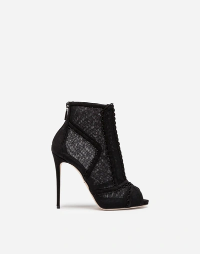 Dolce & Gabbana Peep Toe Ankle Boots In Suede And Tulle In Black