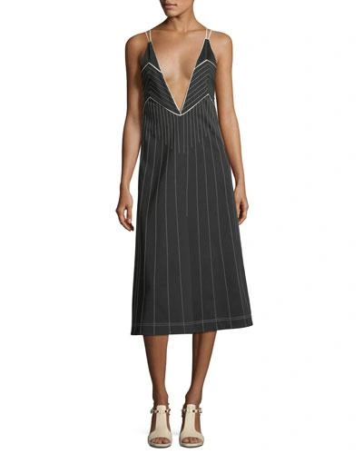 Valentino Plunging Sleeveless Jersey Dress With Contrast Topstitching In Black/white