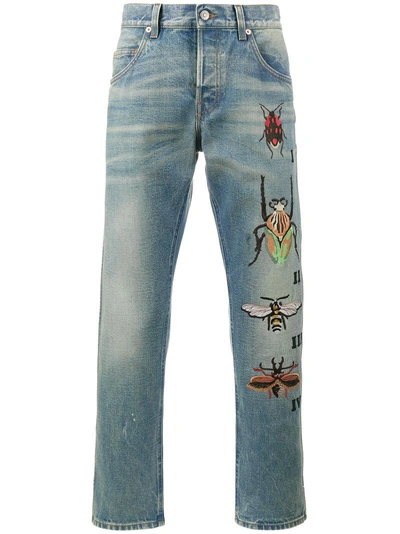 Gucci Tapered Jeans With Insects Embroidery In Blue