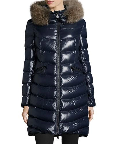 Moncler Shiny Quilted Down Coat W/fox Fur Hood In Navy