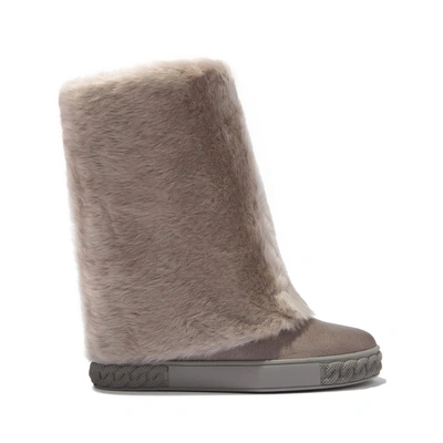 Casadei 80mm Shearling & Leather Wedged Boots In Fog