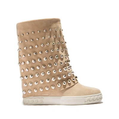 Casadei 100mm Studded Suede Wedge Boots In Beige