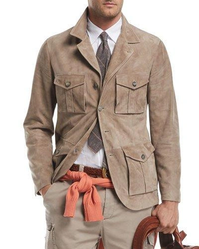 Brunello Cucinelli Suede Safari Jacket With Roll-tab Sleeves In Light Brown