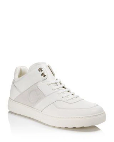 Ferragamo Men's Cliff Leather Mid Top Sneakers In White