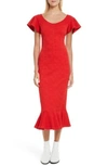 Opening Ceremony Lotus Off-the-shoulder Jacquard Midi Dress In Jewel Red