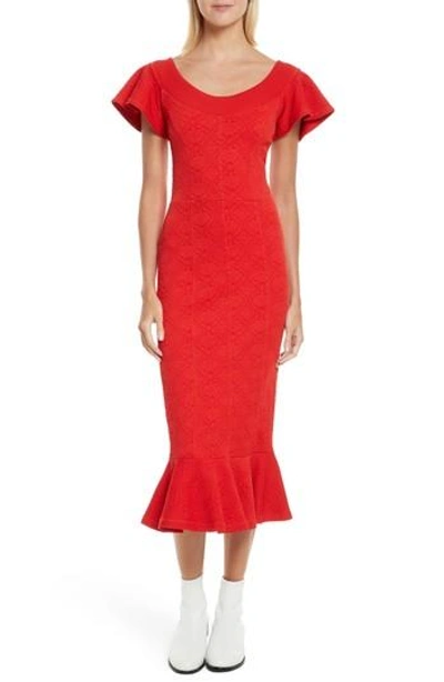 Opening Ceremony Lotus Off-the-shoulder Jacquard Midi Dress In Jewel Red