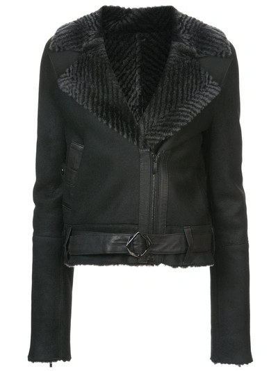 Kimora Lee Simmons Chevron Fur Collar Bomber Jacket In Black