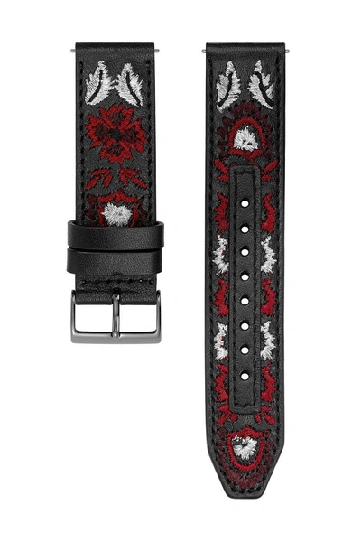 Rebecca Minkoff Gunmetal Tone Embroidered Leather Guitar Strap, 20mm In Black