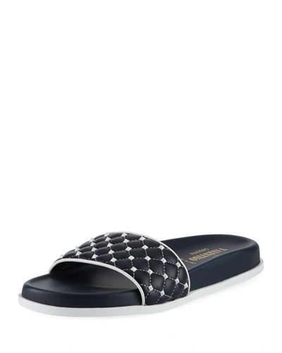 Valentino Garavani Rockstud Quilted-leather Slides In Marine