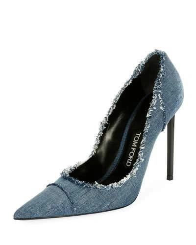 Tom Ford Fringed Denim 105mm Pumps In Blue