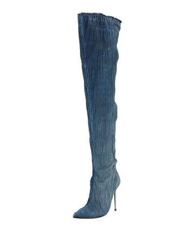 Tom Ford Pleated Over-the-knee Denim Boot In Blue