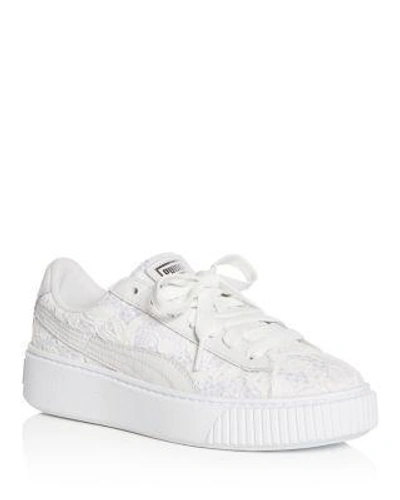 Puma Women's Basket Classic Floral Lace Lace Up Platform Trainers In White
