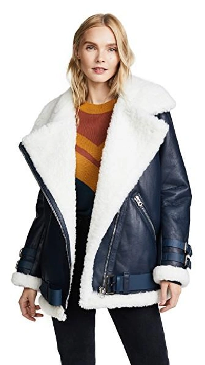 Acne Studios Velocite Leather And Shearling Jacket In Denim Blue/off White