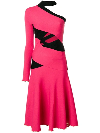 Proenza Schouler Fluted One-shoulder Cutout Stretch-knit Midi Dress In Pink