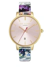TED BAKER KATE ROUND STAINLESS STEEL AND FLORAL-PRINT LEATHER STRAP WATCH,0400096065881