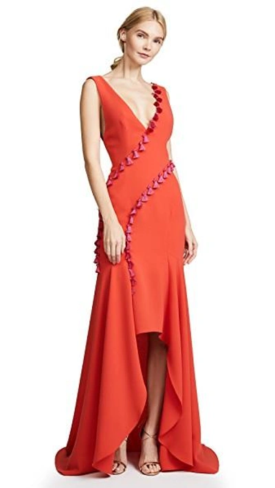 Galvan Sleeveless Plunging Crepe High-low Evening Gown W/ Tassel Trim In Red