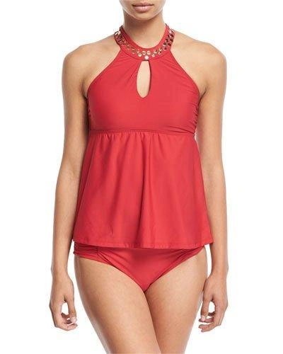 Athena Hey There Studded High-neck Tankini Swim Top, Plus Size In Red