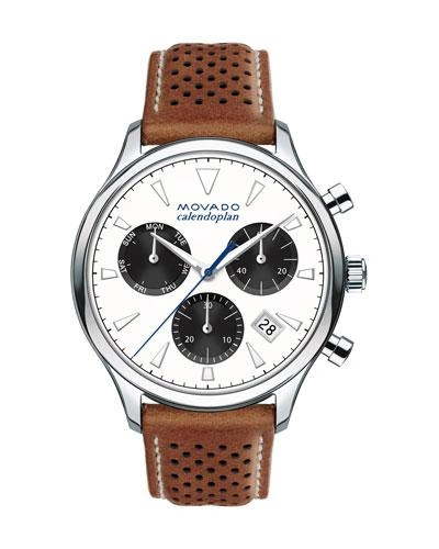 Movado 43mm Heritage Calendoplan Chronograph Watch With Perforated Leather Strap In White/brown