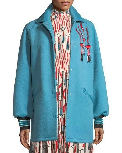 Valentino Snap-front Oversized Felted Wool With Lipstick Wave Embroidery In Blue