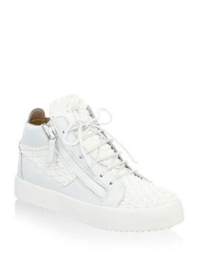 Giuseppe Zanotti Men's Pyramid Leather Mid-top Sneakers, White In Bianco