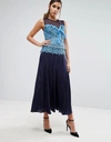 THREE FLOOR PLEATED MIDI DRESS WITH CONTRAST LACE DETAIL - BLUE,MAGIC HEART