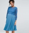 QUEEN BEE QUEEN BEE LACE OVERLAY MIDI SWING DRESS WITH 3/4 SLEEVE-BLUE,7954