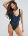 WILDFOX STAR PRINT 80S HIGH LEG SWIMSUIT - BLACK,SSP43077S