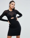 KENDALL + KYLIE SHEER YOKE L/S DRESS - BLACK,KCSU17104ST