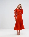 THREE FLOOR LONG SLEEVED MIDI DRESS WITH FRILL DETAIL - RED,SCARLET NIGHT