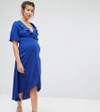 QUEEN BEE MATERNITY WRAP DRESS WITH ASYMETRIC HEM - BLUE,6939