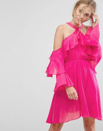 Pearl Ruffle Halter Dress - Pink