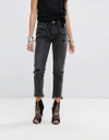 ONE TEASPOON AWESOME BAGGIES HIGHWAISTED JEAN WITH RIPS AND RAW HEM - BLACK,19771A