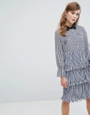 SISTER JANE SISTER JANE MIDI TIERED SHIRT DRESS WITH RUFFLES & PATCHES IN STRIPE - BLUE,DR791BLE