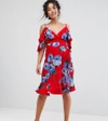 QUEEN BEE WRAP FRONT COLD SHOULDER TEA DRESS IN LARGE FLORAL PRINT - RED,6947