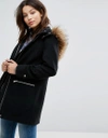 New Look Faux Fur Trim Duffle Coat - Black In Black