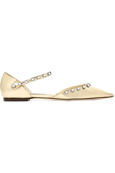 Jimmy Choo Leema Faux Pearl-embellished Mirrored-leather Point-toe Flats In Gold