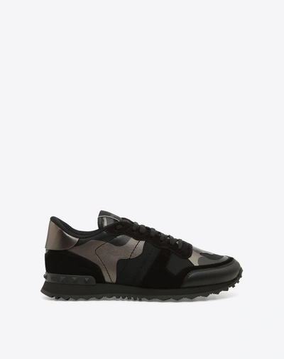 Valentino Garavani Rockrunner Camouflage Metallic Nappa Sneaker In Black