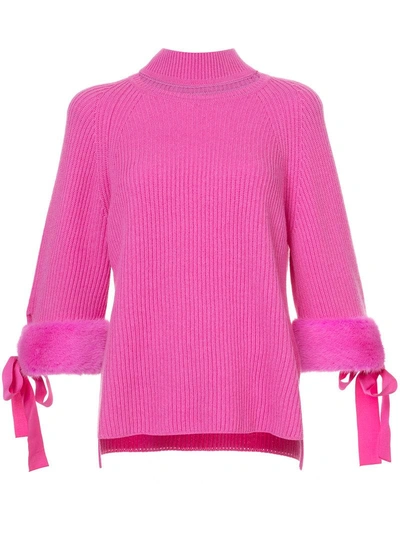 Fendi Cut Out High Neck Jumper With Faux Fur Cuffs In Glamour Pink
